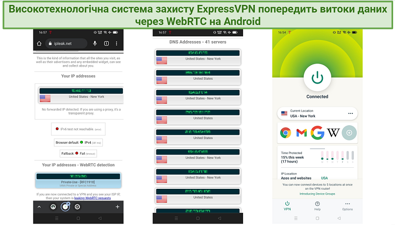 Screenshot showing a leak test done on ipleaknet with ExpressVPN connected