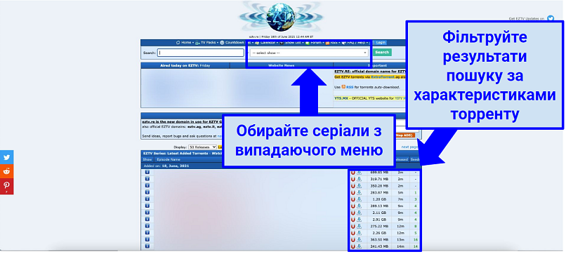 Screenshot showing how to search for TV shows on EZTV and filter the results