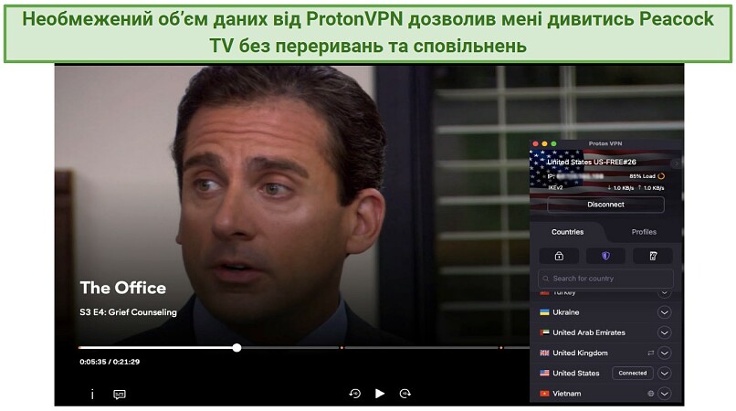 Screenshot showing Proton VPN's free US server unblocking Peacock TV