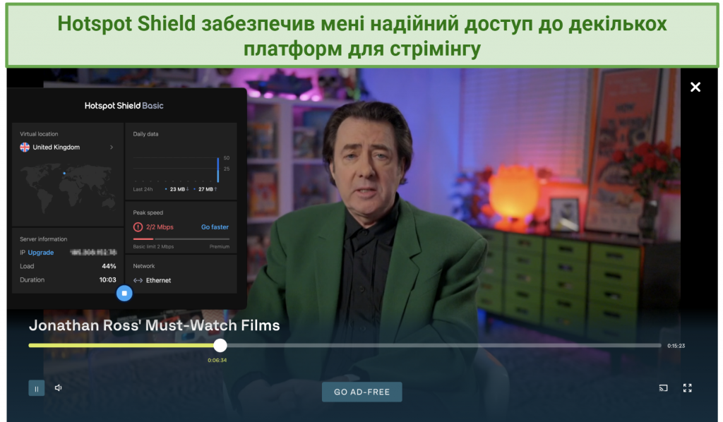Screenshot showing Hotspot Shield connected to a UK server and streaming a show on Safari