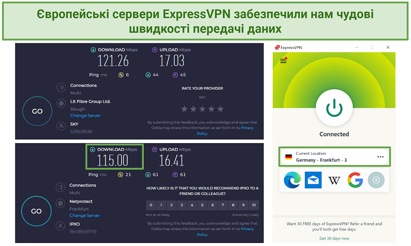 Screenshot of Ookla speed tests record with no VPN connected and while connected to ExpressVPN's Frankfurt 3 server