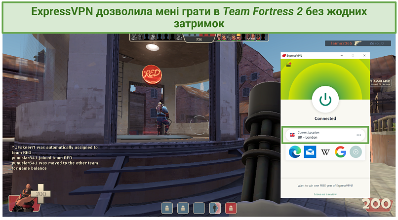 Screenshot of playing Team Fortress 2 connected to ExpressVPN's London server