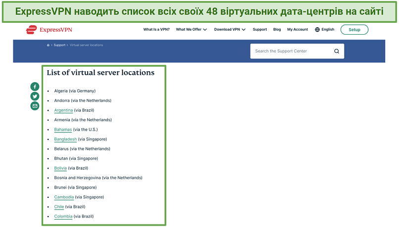 Screenshot of the Virtual server list on ExpressVPN's website