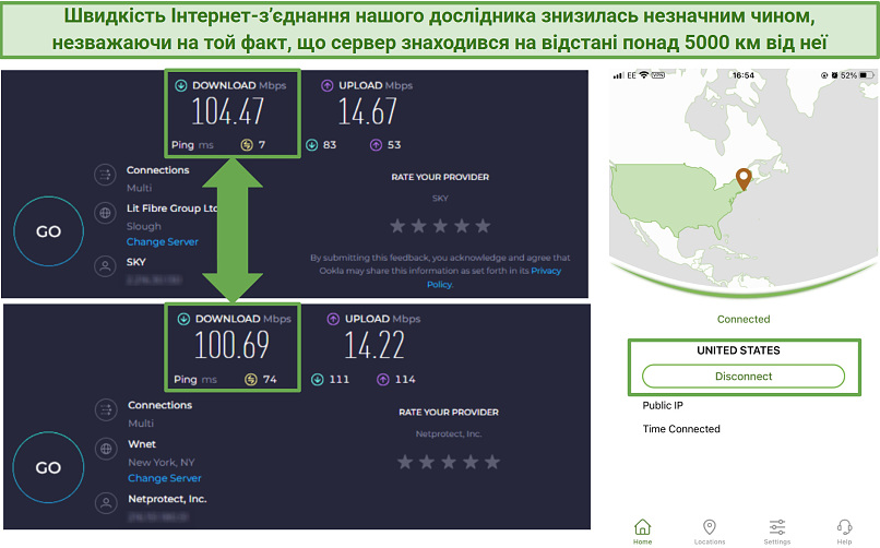 Скріншот тесту швидкості IPVanish на далеких серверах у Нью-Йорку