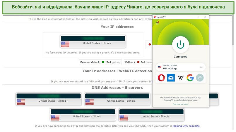 Screenshot of leak tests done on ipleaknet while connected to ExpressVPN