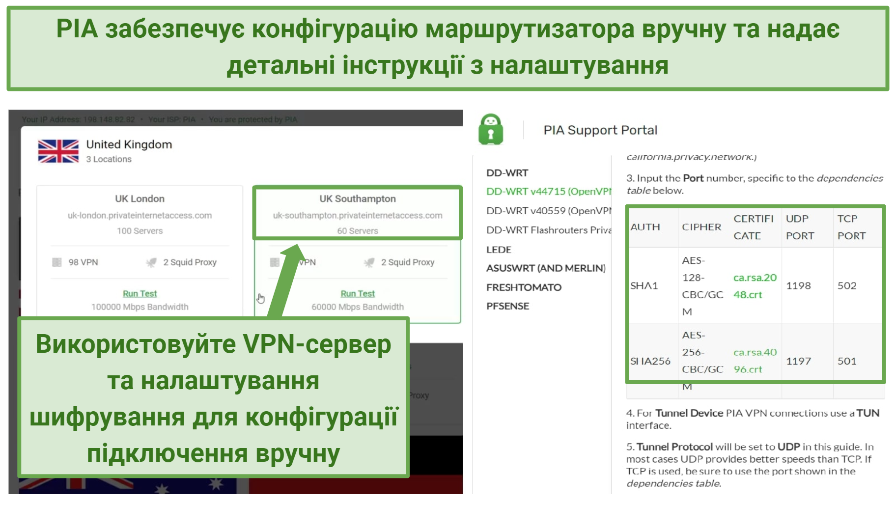 A screenshot of PIA's web page with the VPN servers and configuration guides
