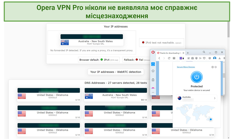 Знімок екрана з тестів на витік інформації, проведених на ipleak.net під час підключення до OperaVPN Pro