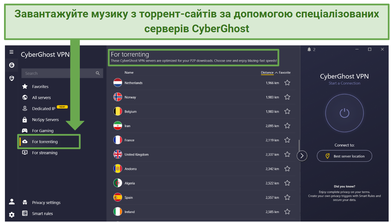 Screenshot of CyberGhost servers for torrenting