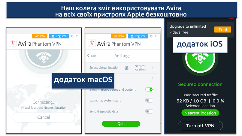 Screenshot of the Avira Phantom desktop app alongside the iOS app