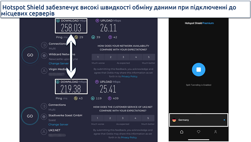 Screenshot of Hotspot Shield's speed test results on local servers