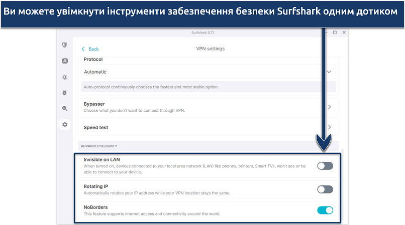 Screenshot of Surfshark's Windows app highlighting advanced security features