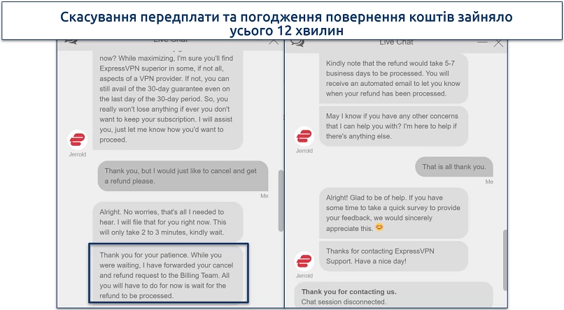 Screenshot of a conversation with ExpressVPN customer support where they approved our cancellation and refund