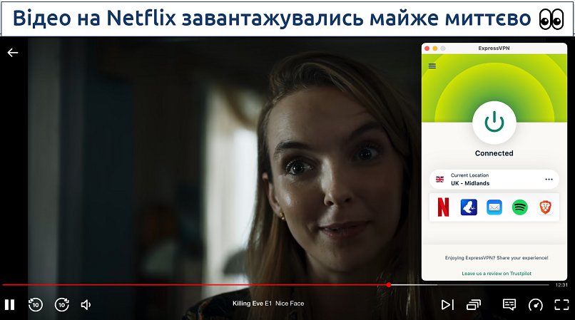 Screenshot showing the ExpressVPN app connected to a UK server over a browser streaming Netflix