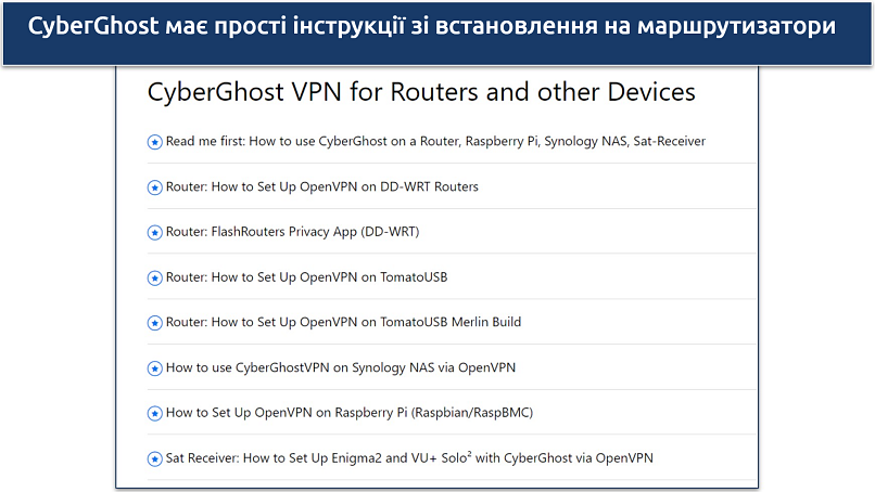 Skærmbillede af CyberGhost' vejledningsside for routerinstallation