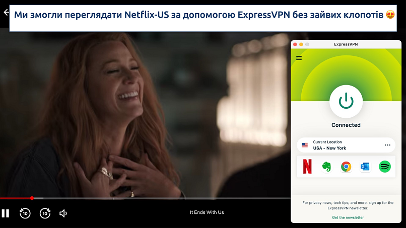 Знімок екрану, який показує підключення додатка ExpressVPN до сервера у США через Netflix стрімінг у браузері