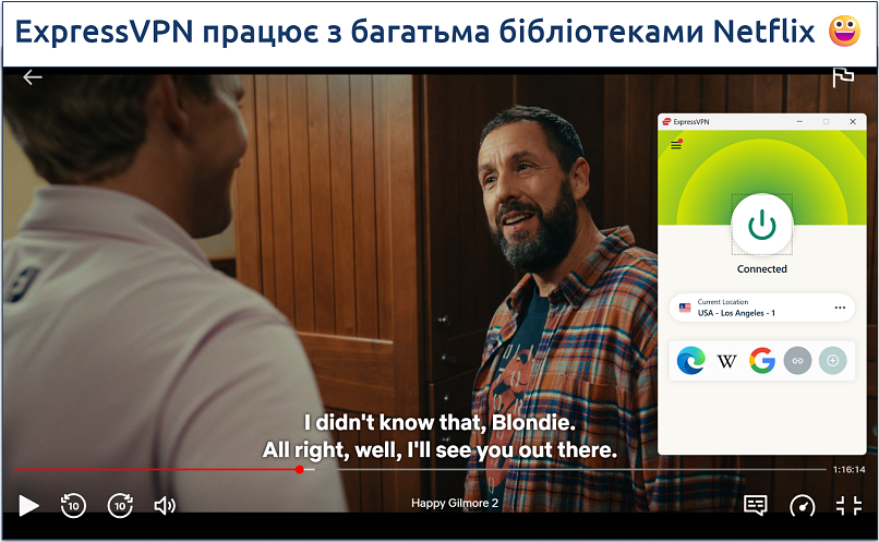 Screenshot of streaming Happy Gilmore 2 on Netflix while connected to ExpressVPN's USA - Los Angeles - 1 server