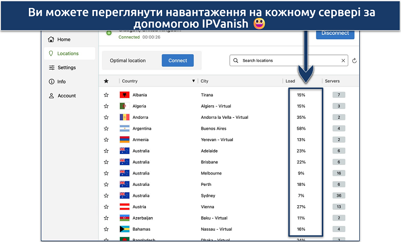 Screenshot of IPVanish's Windows app highlighting he server list