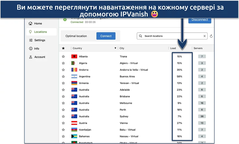 Screenshot of IPVanish's Windows app highlighting he server list