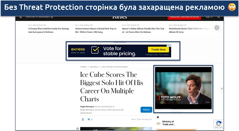 Screenshot of Forbes.com with lots of ads showing